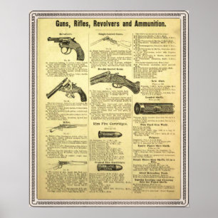 Vintage annonsvapen, gevär, revolvers och poster