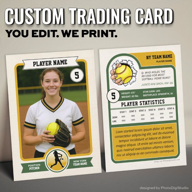 Vintage anpassad softbollstraditionskort, grön spe (Vintage Custom Softball Trading Card, Green Player Card)