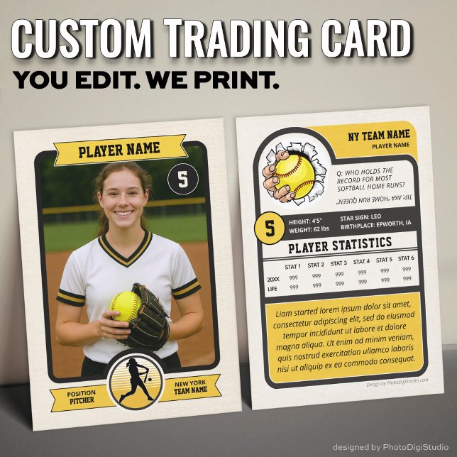 Vintage anpassad softbollstraditionskort, guldspel (Vintage Custom Softball Trading Card, Gold Player Card)
