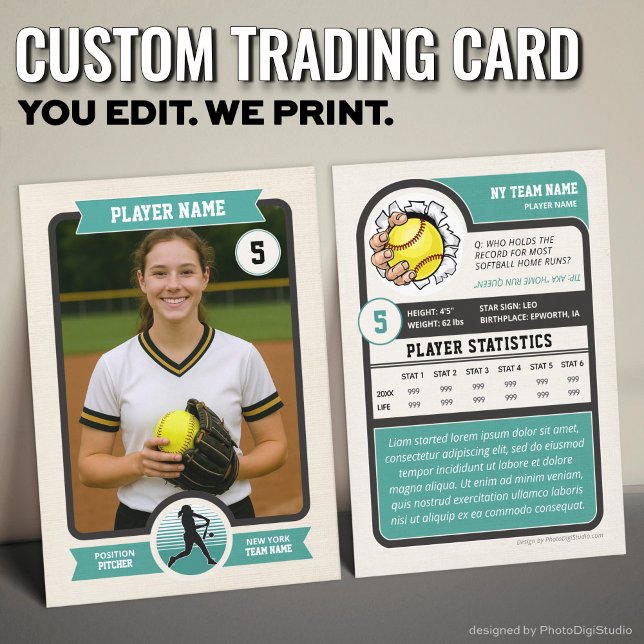 Vintage anpassad softbollstraditionskort, teal spe (Vintage Custom Softball Trading Card, Teal Player Card)