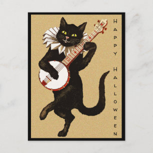 Vintage Anpassningsbar Text Black Cat med Banjo Ha Vykort