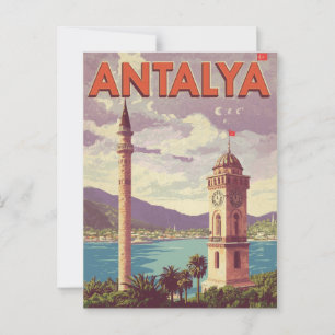 Vintage Antalya Turkey Clock Torn Minaret Travel Vykort
