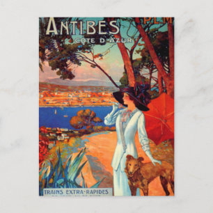 Vintage Antibes Cote D'Azur Woman & Hund Postcard Vykort