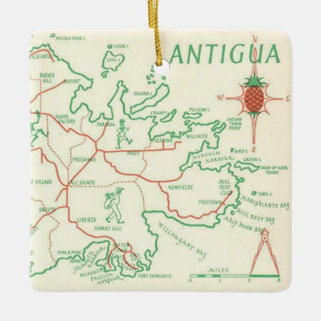 Vintage Antigua Island Karta Julgransprydnad Keramik (Framsida)