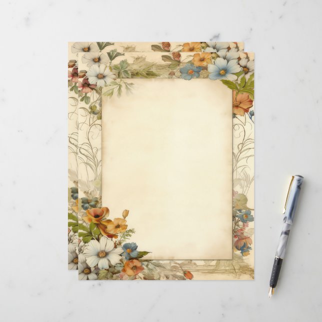 Vintage Antik Blommig Skrot Journal Brevpapper (Fram/Back In Situ)