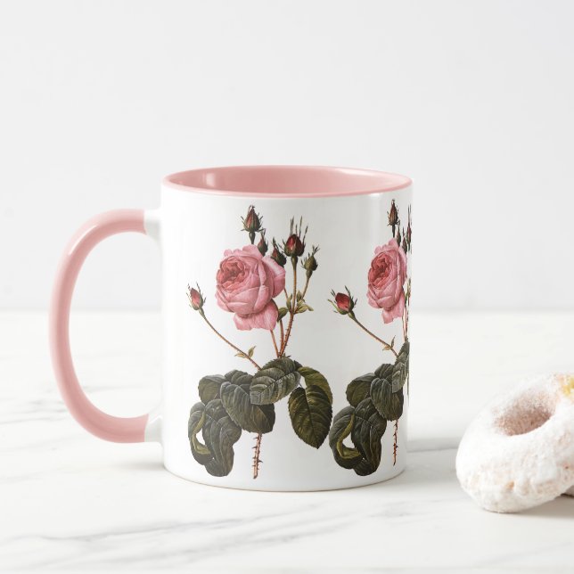 Vintage-antika rosa trädgårdsrosor i blom mugg (Med munk)