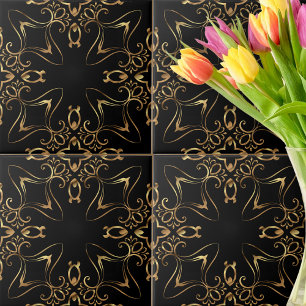 Vintage Antique Baroque Guld och Black Mönster Kakelplatta