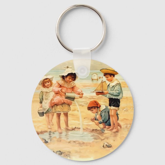 Vintage Antique Beach Boy Girl Fine Art Nyckelring (Framsida)