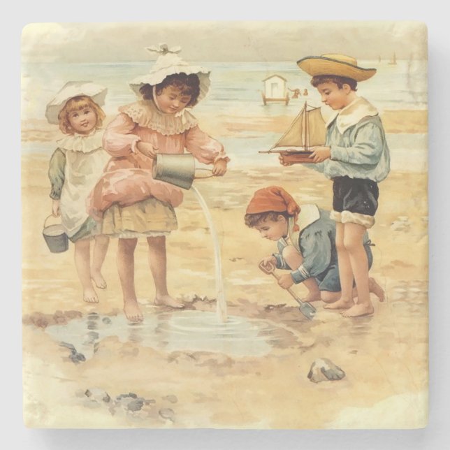Vintage Antique Beach Boy Girl Fine Art Stenunderlägg (Framsidan)