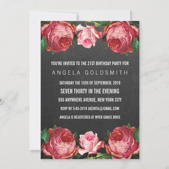 Vintage Antique Blommigt 21:a födelsedag Inbjudan (Framsida)