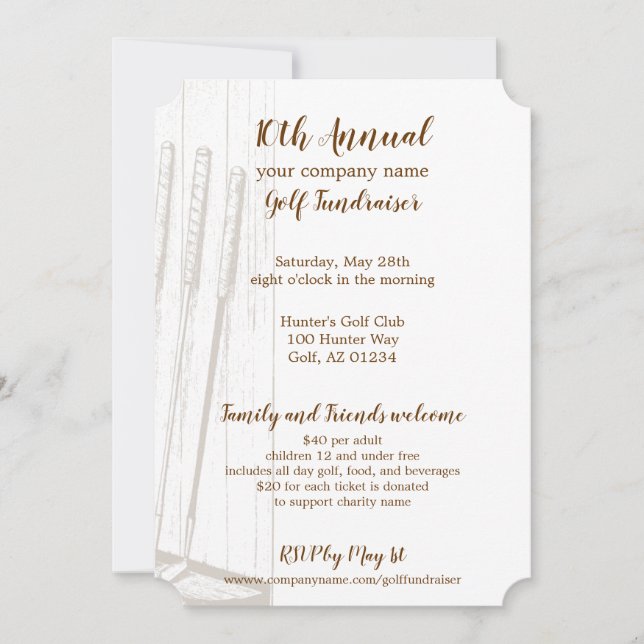 Vintage Antique Brown & White Golf Fundraiser Inbjudningar (Framsida)