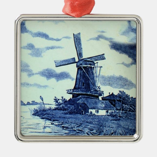 Vintage - Antique Delft Blue Tile - Kvarn Julgransprydnad Metall (Framsidan)