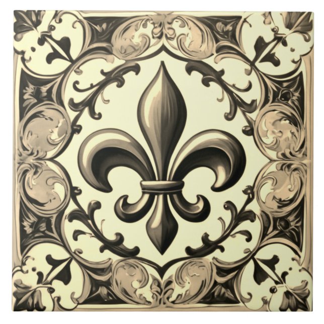 Vintage Antique Grått & Beige Fleur de Lis Kakelplatta (Framsidan)