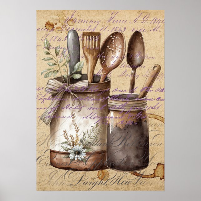 Vintage Antique Kitchen Utensils Decoupage Poster (Framsidan)