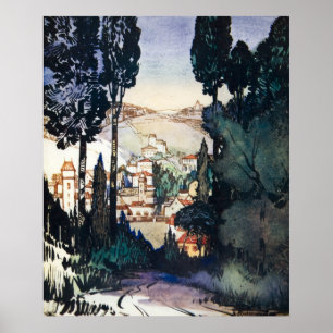 Vintage Antique Ligcape Watercolor Fiesole-Italien Poster