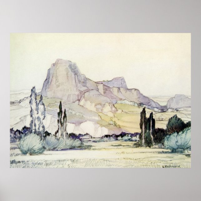 Vintage Antique liggande vattenfärg Le Puy Frankri Poster (Framsidan)