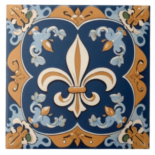 Vintage Antique Navy Blue & Guld Fleur de Lis Kakelplatta