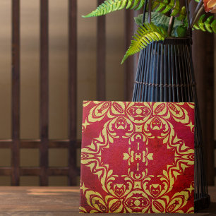Vintage Antique Ornate Guld och Red Damask Patch Kakelplatta