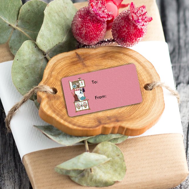 Vintage Antique Retro Kökaffe Pot Adressetikett (Gift tag / label / sticker with vintage old time cooking stove on pink.)