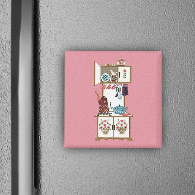 Vintage Antique Retro Kökaffe Pot Magnet (Vintage white cooking stove flowers pots pans utensils on pink magnet.)