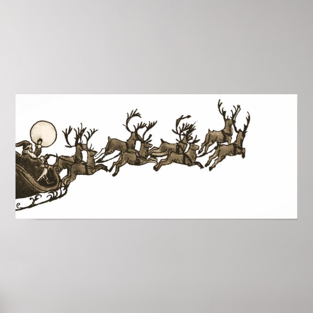 Vintage Antique Sepia Santa Sleigh Reindeers Poster (Framsidan)