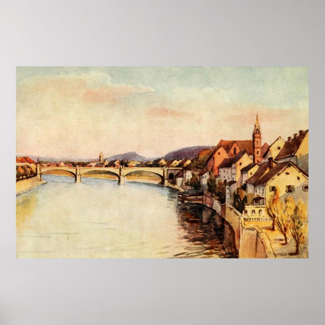 Vintage Antique Swiss Rhine River Basel Poster (Framsidan)