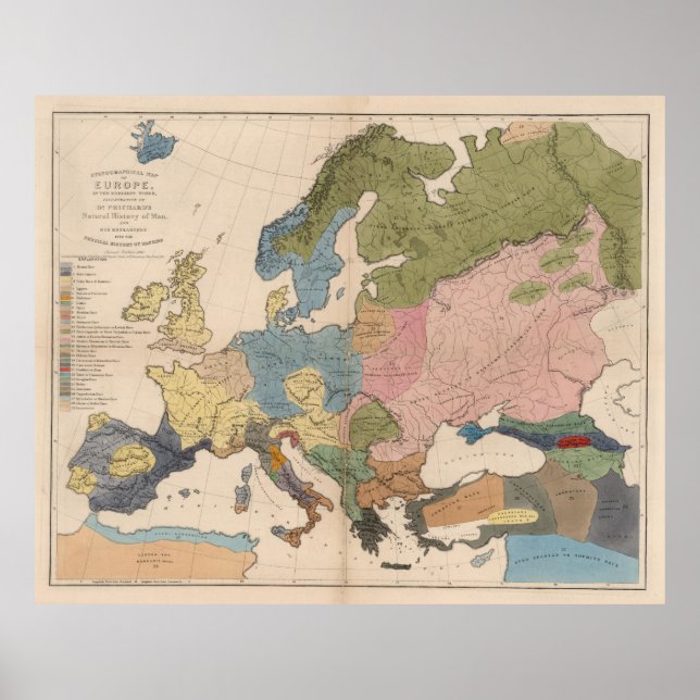 Vintage Antropologiska Karta i Europa (1861) Poster (Framsidan)
