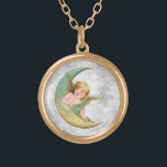 *~* Vintage AP40 Classic Änglar Guld MÅNE Guldpläterat Halsband<br><div class="desc">(sök-ID AP40 för liknande design) Överför till andra produkter om du vill. Vintage ROUND Guld NECKLACE med söt klassisk konst av en ung flicka Angel som lutar sig på grönten och guld Måne. * Energetiskt förstärkt romantisk Vintage Retro Antique ANGEL faux Glitter diamant Pave Background. Den lilla ängeln är bekväm...</div>