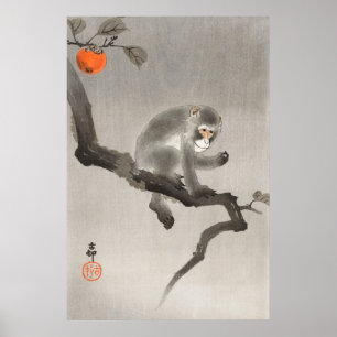 Vintage, apa och frukt, japansk retro poster