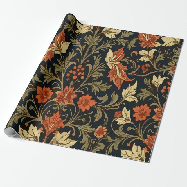 Vintage apelsin- och gul blomsterdesign presentpapper (Utrullad)