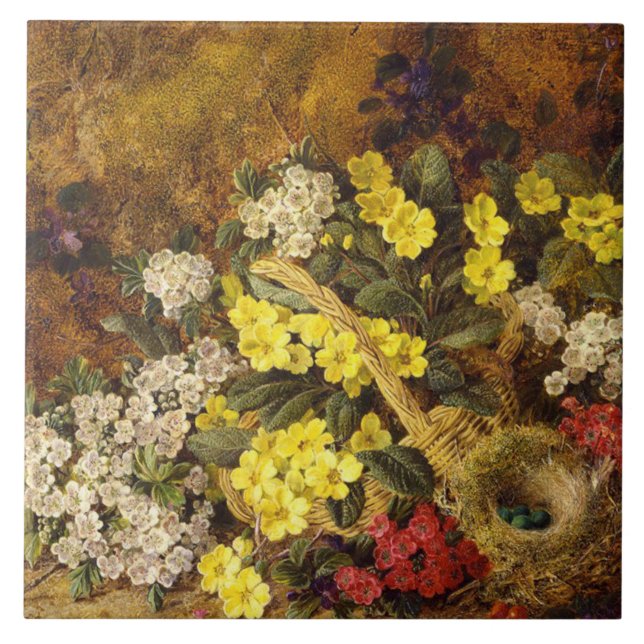 Vintage Apple Blommar Primroses och Birds Nest Kakelplatta (Framsidan)