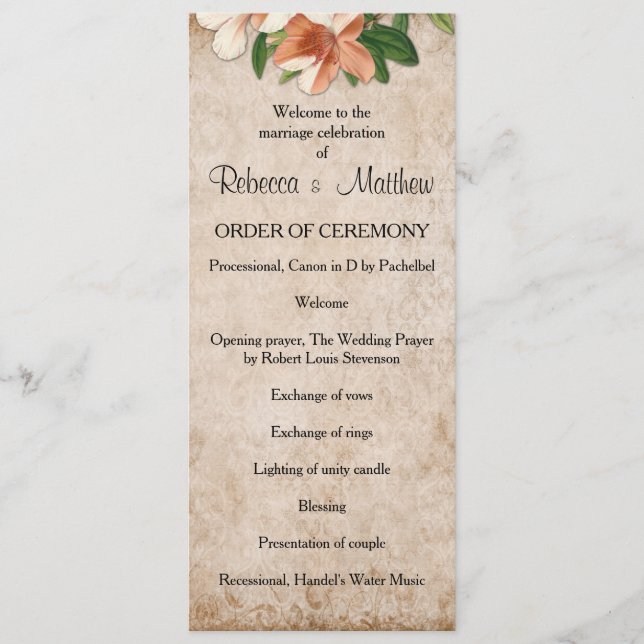 Vintage Apricot Lilies Bröllopsprogram Program (Framsida)