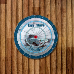 Vintage Aqua-bil på bås "Ride the Wave"-citat Darttavla