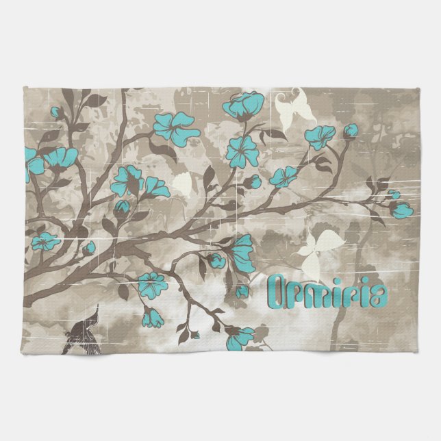 Vintage aqua blommigt grunge anpassningsbar kökshandduk (Horisontell)