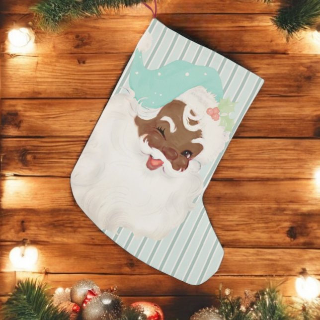 Vintage Aqua Blue Black Santa Stocking Liten Julstrumpa (Skapare uppladdad)