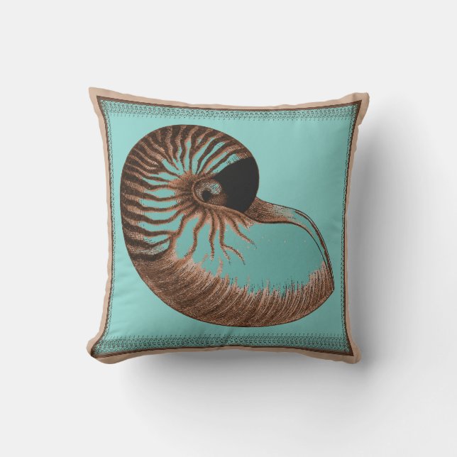 Vintage Aqua Chamoned Nautilus Snäcka Pillow Kudde (Framsida)