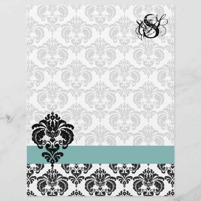 Vintage Aqua Damask Monogram Brevpapper (Framsida)