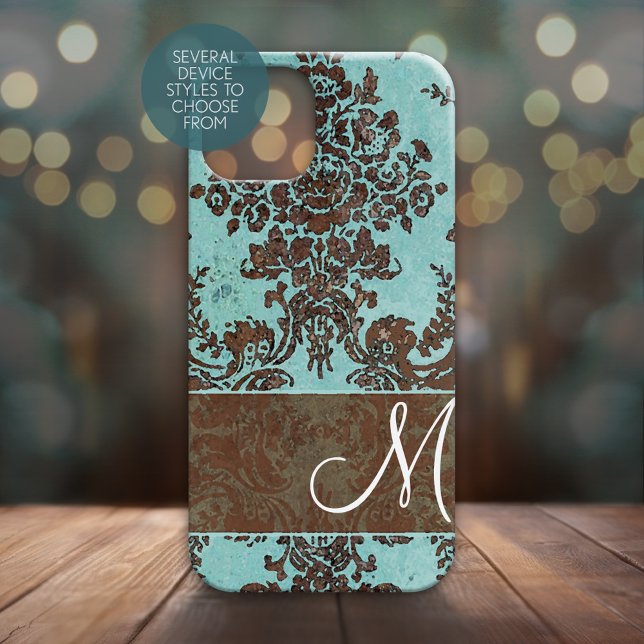 Vintage Aqua Damask Pattern med Monogram (Personalized Phone Case - Many Device Styles to Choose From)