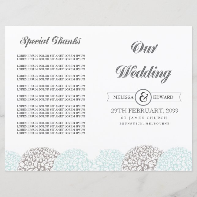 Vintage Aqua Flowers Bröllopsprogram Booklet (Framsida)