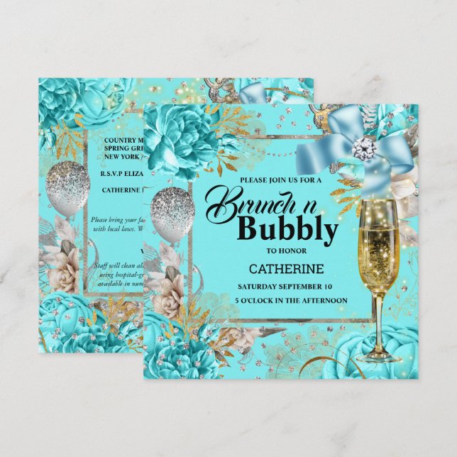 Vintage aqua ro shabby chic bubblande glitter inbjudningar (Fram/baksida)