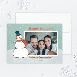 Vintage Aqua Winter Snögubbe Glad helg Photo Julkort<br><div class="desc">Fotokortets utformning i landskapet "Glad helg" har en snövinter-scen med fallande snöflingor och lycklig snögubbe som är klädd i top hat och halsduk. Anpassa med ditt foto och din anpassningsbar hälsning nedan. Vintage Vattenblått / grönt,  orange / röd och vit design med marint blått och brunt accent färg.</div>