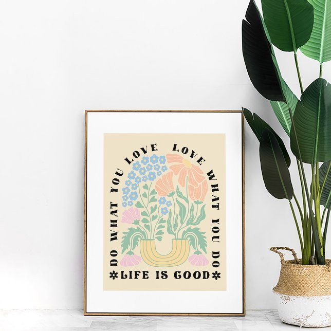 Vintage Arch Blommigt inspirationsoffert Poster (Vintage Arch Floral Inspirational Quote Poster in a golden frame next to a large green plant.)