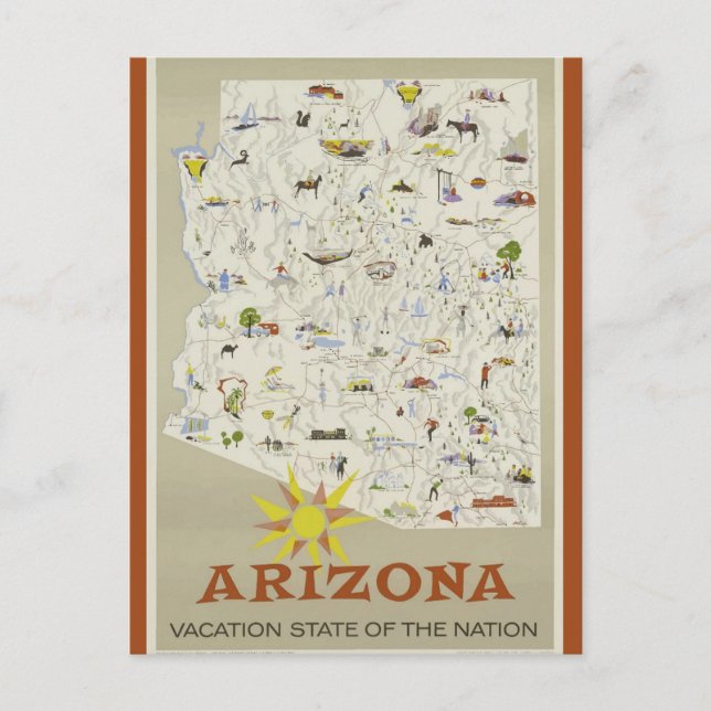 Vintage Arizona State Vacation Karta Travel Vykort (Framsida)