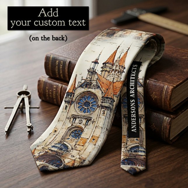 Vintage Arkitektonisk Skiss Akvarell Slips (Professional tie featuring a watercolor cathedral designs with custom text - great for architects)