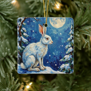 Vintage Arktisk Hare i Vinter månsken jul Julgransprydnad Keramik