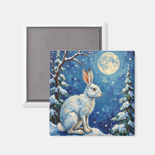 Vintage Arktisk Hare i Vinter månsken Jul Magnet