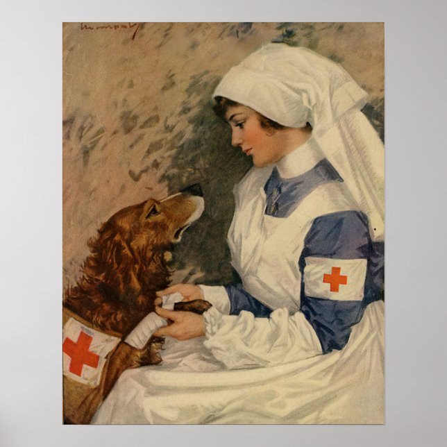 Vintage armésjuksköterska med Golden Retriever WW1 Poster (Framsidan)