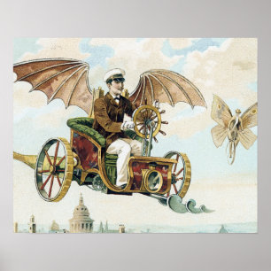 vintage art ångpunk som flyger på maskiner poster
