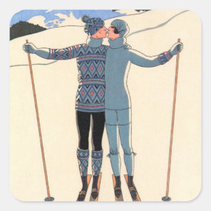 Vintage Art Deco, Älskande i snö av George Barbier Fyrkantigt Klistermärke