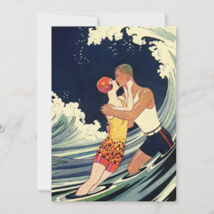 Vintage Art Deco, älskande kysser på stranden